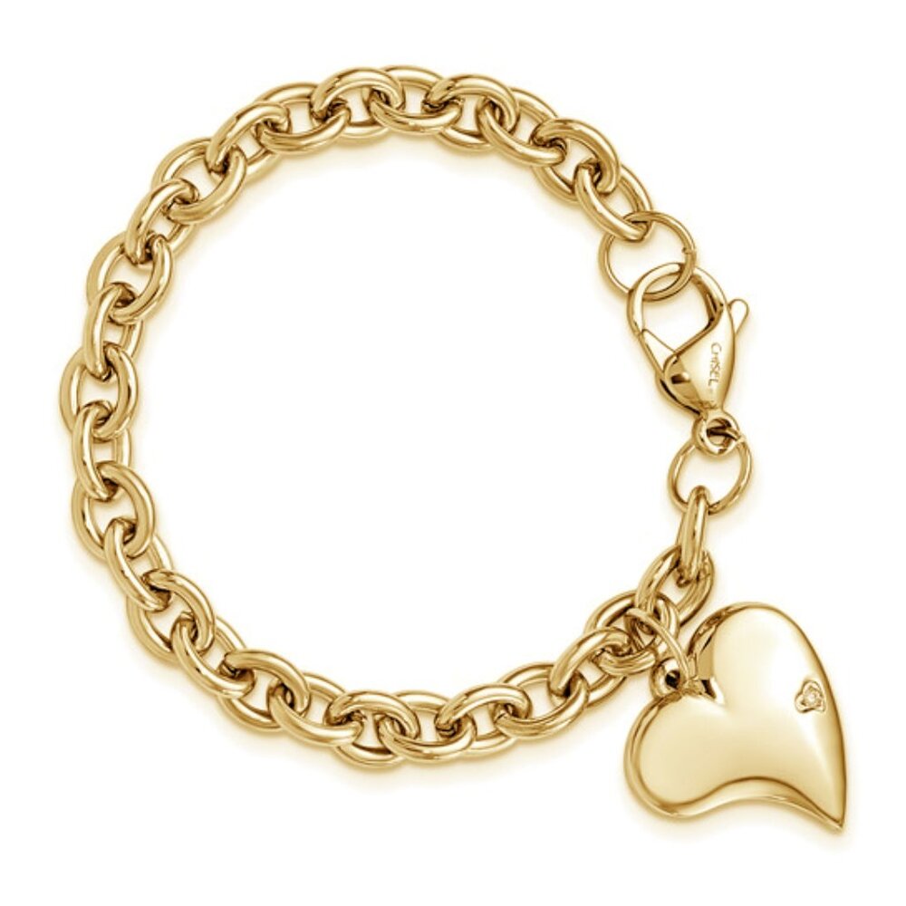 Chisel Chunky Stainless Steel GP Polished Heart w CZ accent Charm Bracelet 7.5"